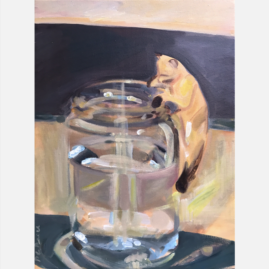 Ceramic Cat Hanging onto Glass Original Painting